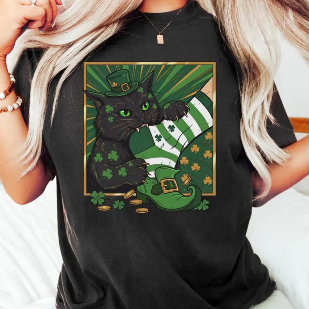 Lucky Cat Shirt, St Patricks Day Gift Tee, Funny Cat Graphic Shirt